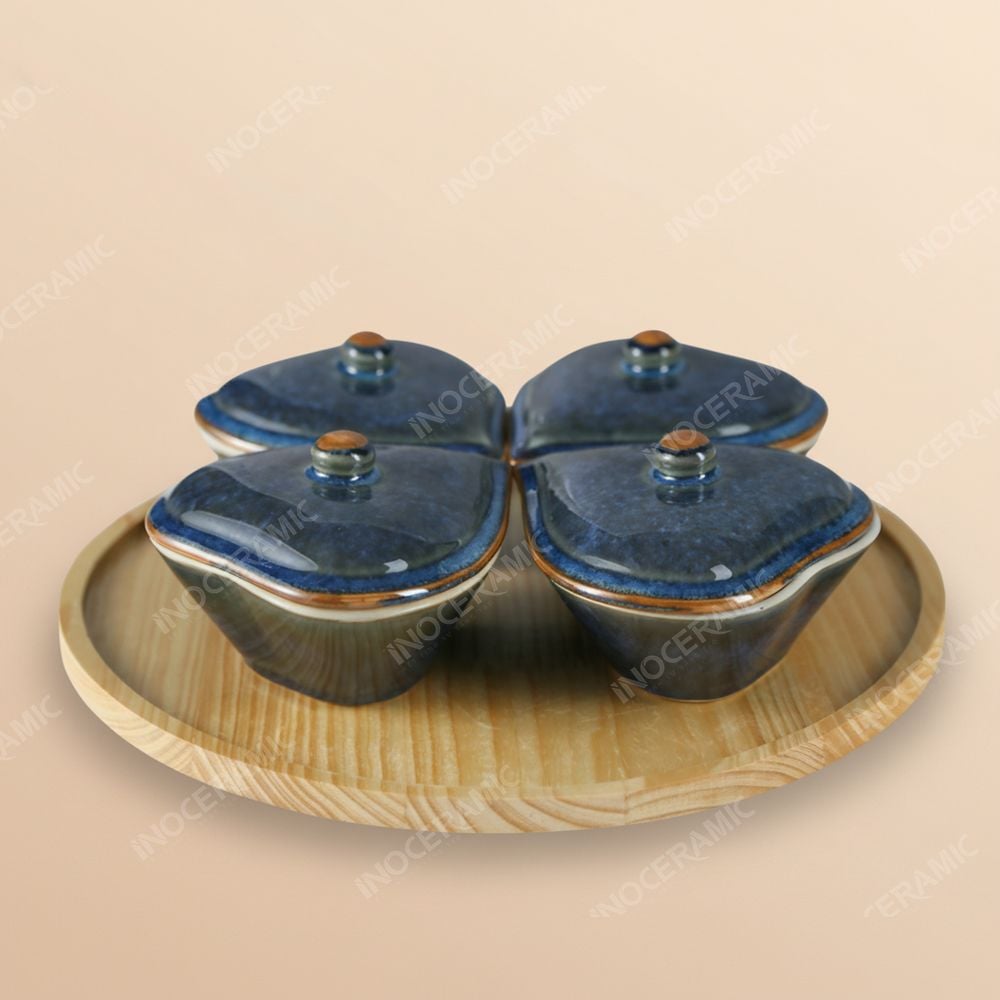 Khay 4 hũ mứt tim men hoả biến lam – Quà Tết Bát Tràng cao cấp in logo