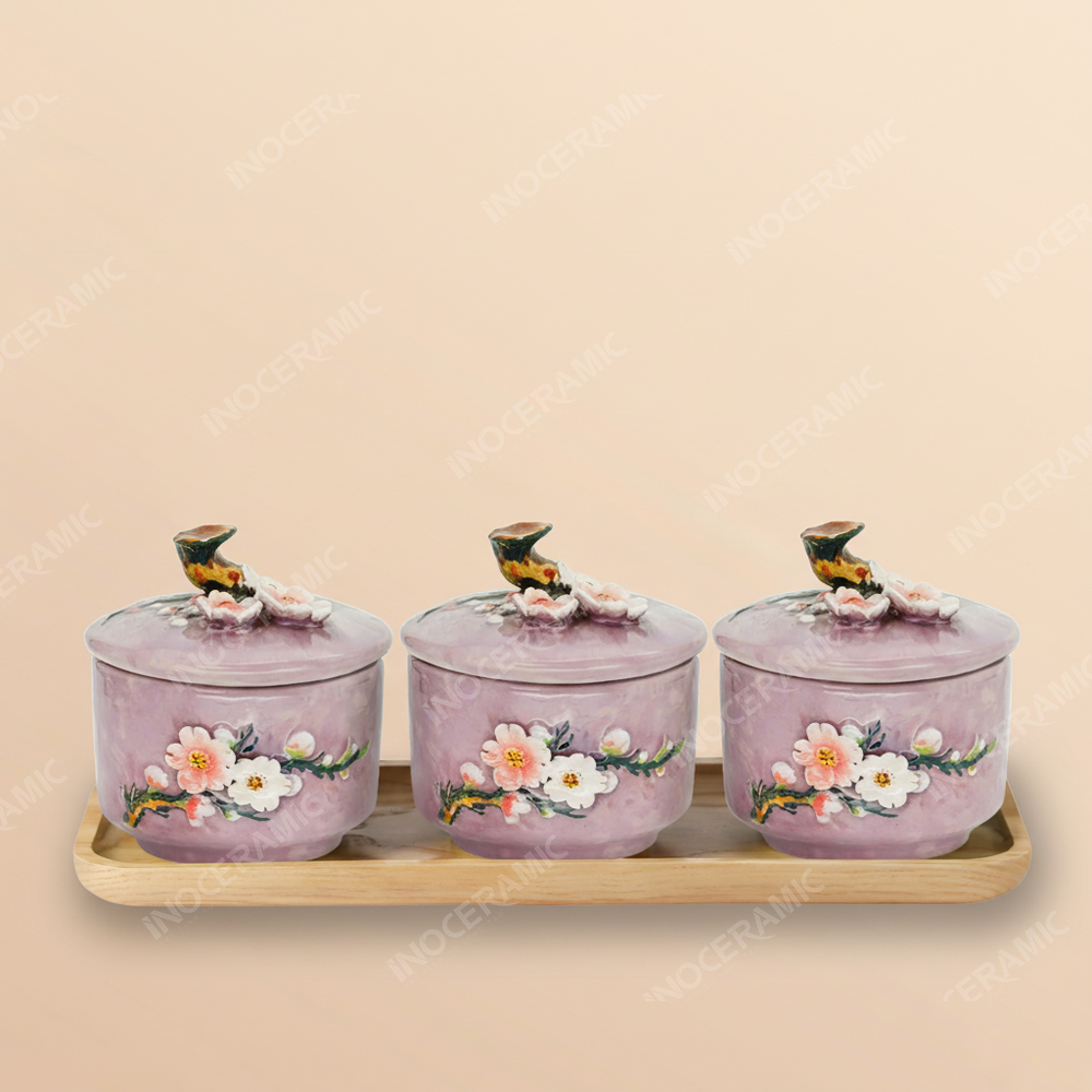 Bộ 3 hũ mứt men tím Hoa Đào đắp nổi Bát Tràng – Set quà Tết nghệ thuật cao cấp