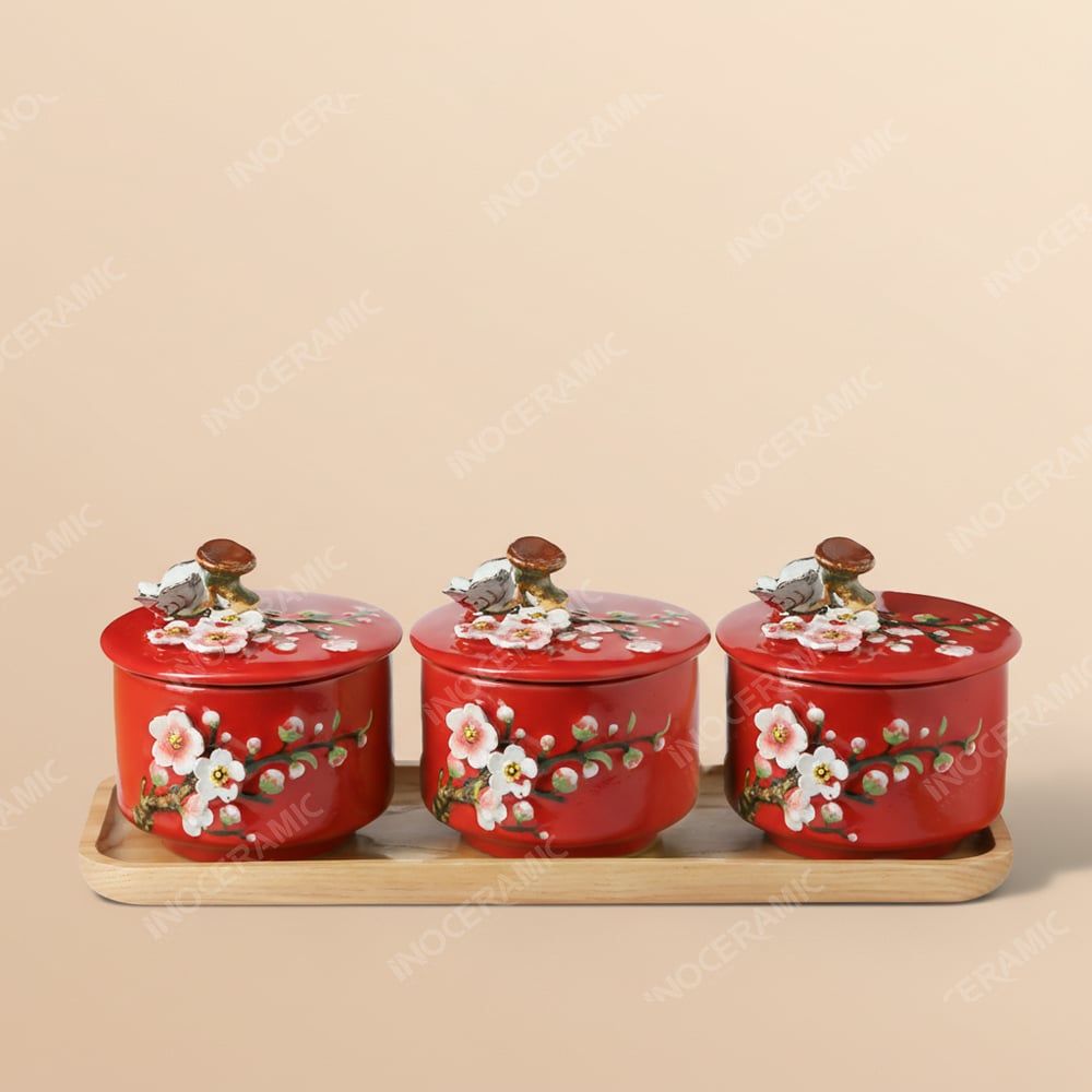 Set 3 hũ mứt men đỏ Hoa Đào đắp nổi Bát Tràng – Quà Tết nghệ thuật cao cấp