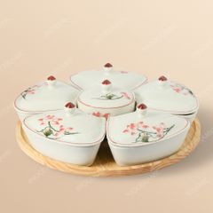 Khay hũ đựng mứt hoa đào men kem Sen Hồng Bát Tràng – Set quà Tết in logo cao cấp