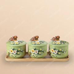 Set 3 hũ mứt men xanh Hoa Đào đắp nổi Bát Tràng – Quà Tết cao cấp cho doanh nghiệp