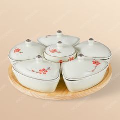 Khay hũ mứt cánh hoa Bát Tràng – Set quà Tết hoa đào đỏ cao cấp in logo