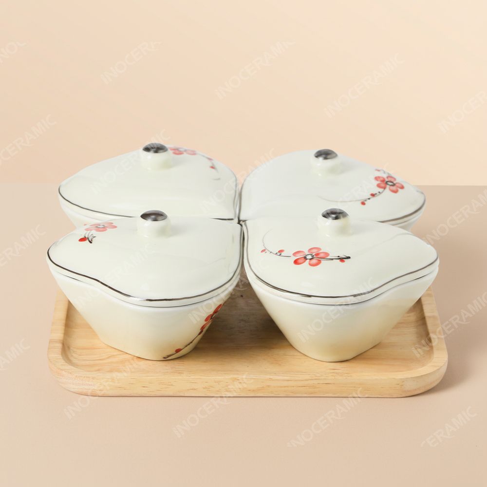 Khay 04 hũ mứt tim Hoa Đào Bát Tràng – Quà Tết cao cấp cho khách hàng & đối tác