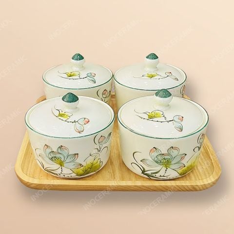 Khay 4 hũ mứt men ngà hoa sen Bát Tràng – Bộ quà Tết cao cấp cho doanh nghiệp