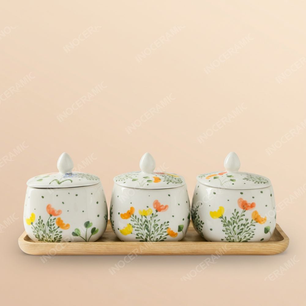 Khay 3 hũ mứt vuông méo men kem Bát Tràng – Set quà Tết in logo cao cấp