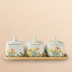 Khay 3 hũ mứt vuông méo men kem Bát Tràng – Set quà Tết in logo cao cấp