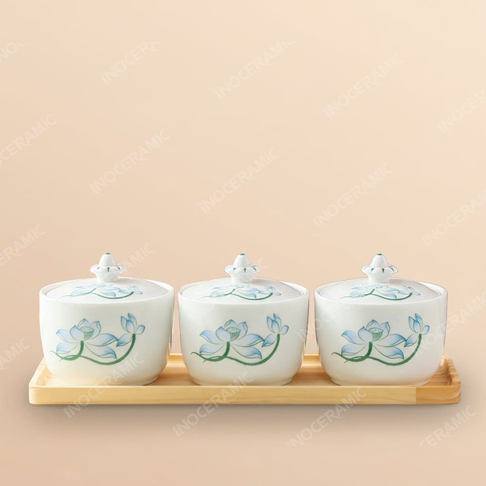 Khay 3 hũ mứt sen xanh gốm sứ Bát Tràng – Quà Tết sang trọng cho doanh nghiệp