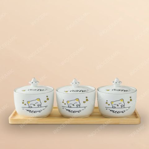 Bộ 3 hũ đựng mứt Meow Bát Tràng – Quà Tết doanh nghiệp trẻ trung & tinh tế