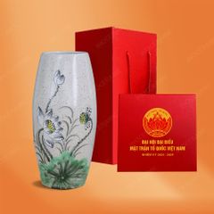 Lọ hoa bom men chấm vẽ sen in logo quà tặng Đại hội Mặt Trận Tổ Quốc
