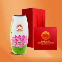 Lọ hoa bom sơn mài vẽ sen in logo quà tặng Đại hội Mặt Trận Tổ Quốc