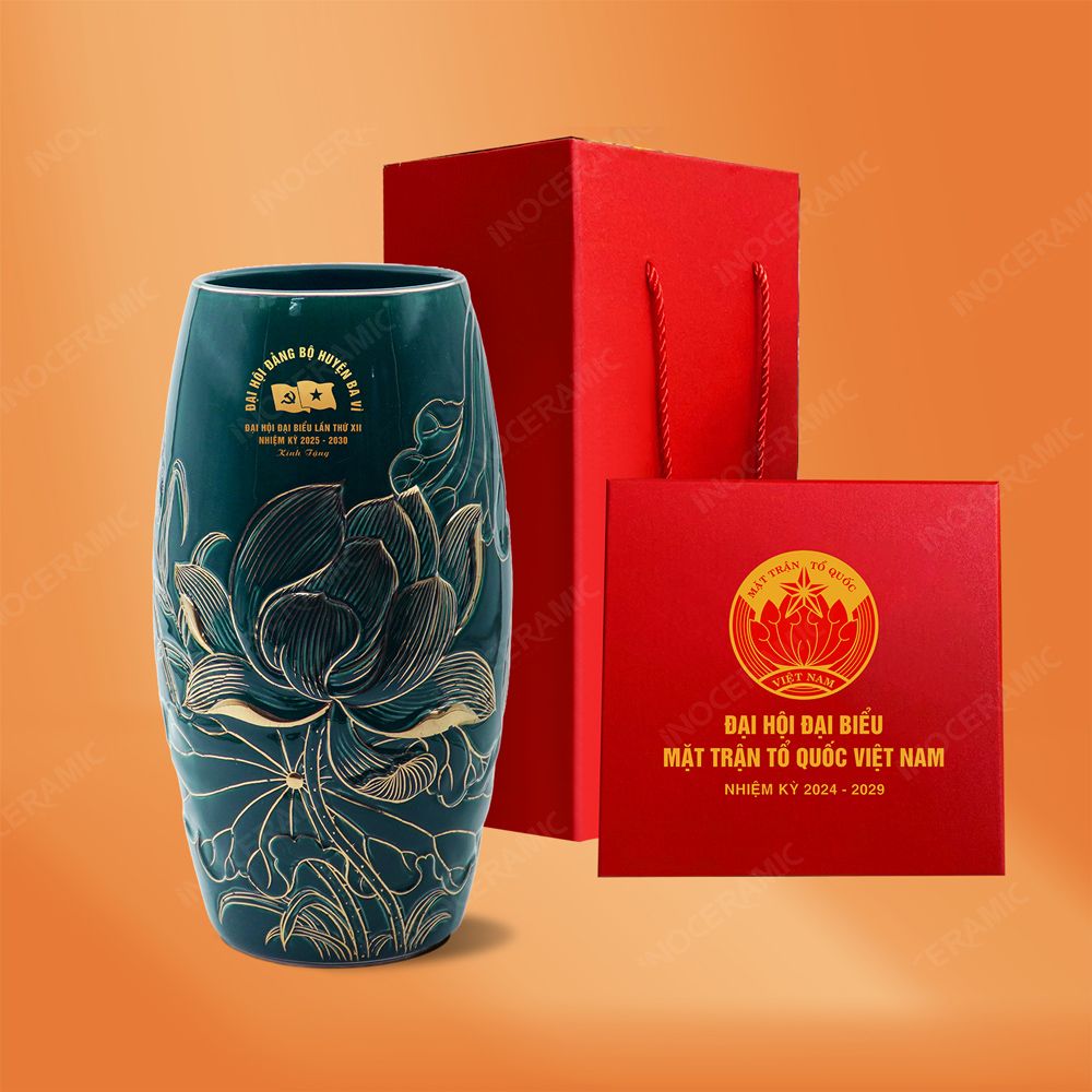 Lọ hoa bom men màu khắc nổi vẽ vàng quà tặng Đại hội MTTQ