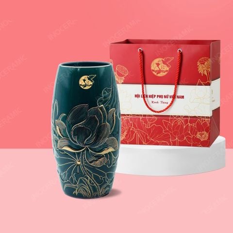 Quà tặng phụ nữ - Lọ hoa bom men lục sen vàng khắc nổi H27