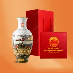 Lọ hoa lưu niệm Thành phố Hồ Chí Minh vẽ vàng in logo quà tặng Đại hội MTTQ