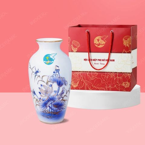 Quà tặng phụ nữ - Lọ hoa vẽ sen xanh chỉ vàng H27