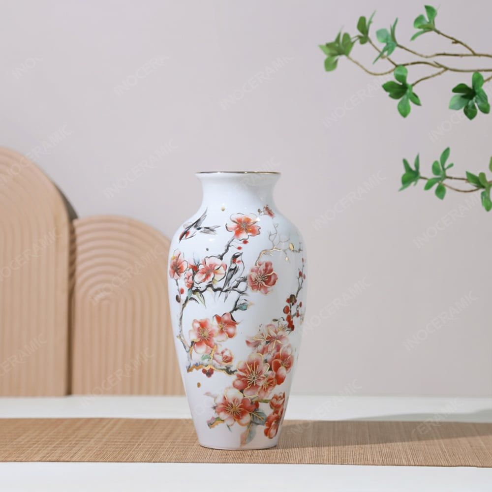 Lọ hoa Bát Tràng - Oanh Vũ Đào Hoa vẽ vàng H30 in logo