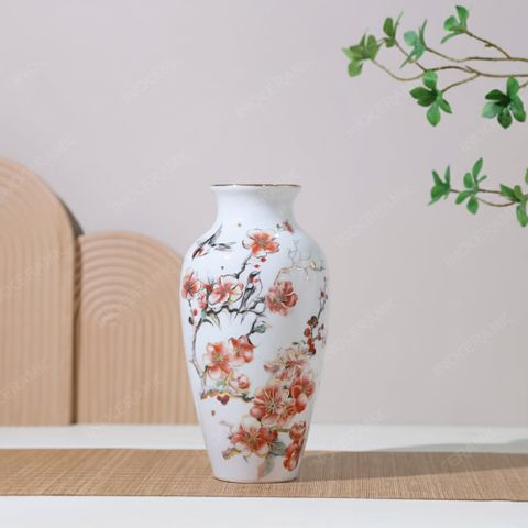 Lọ hoa Bát Tràng - Oanh Vũ Đào Hoa vẽ vàng H30 in logo