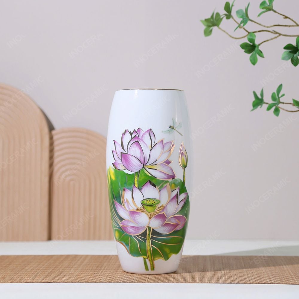 Lọ hoa bom sen hồng vẽ vàng H30 in logo