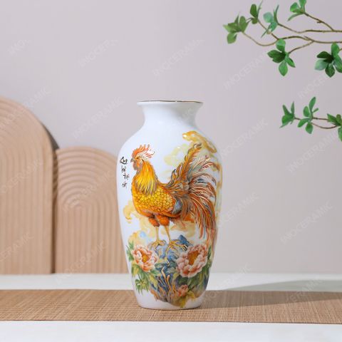 Lọ hoa Bát Tràng - Kim Kê Đại Cát vẽ vàng H30 in logo