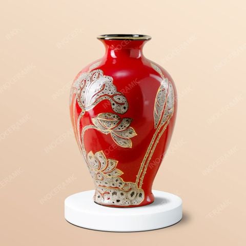 Lọ hoa sen chàm vẽ vàng men đỏ in logo