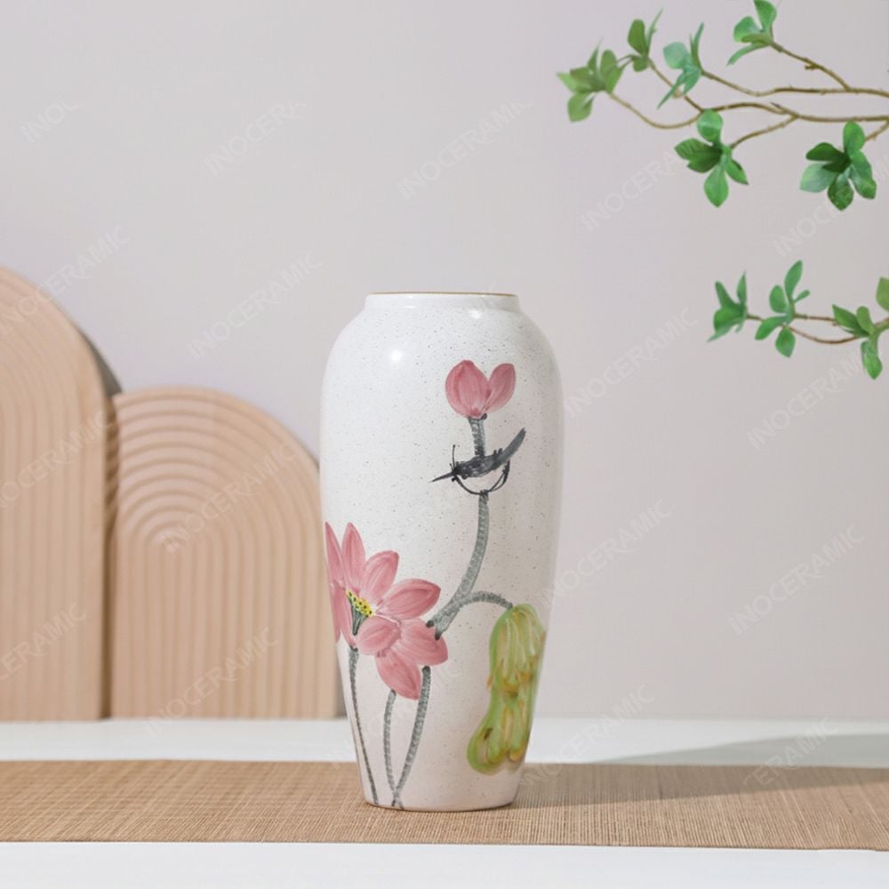 Lọ hoa Bát Tràng - Hạ Liên men tấm vẽ tay H27 in logo