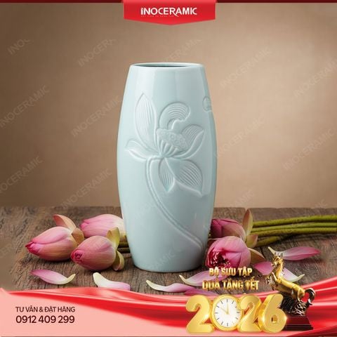 Lọ hoa bom men ngọc khắc hoa sen – Quà tặng Tết gốm sứ Bát Tràng ý nghĩa