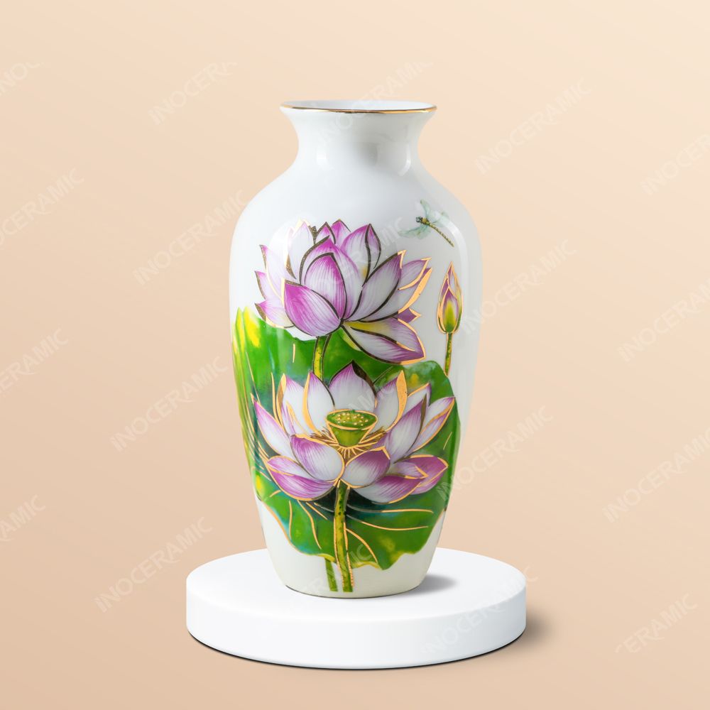 Lọ hoa Bát Tràng - Hồng Liên Hoa vẽ vàng H30 in logo