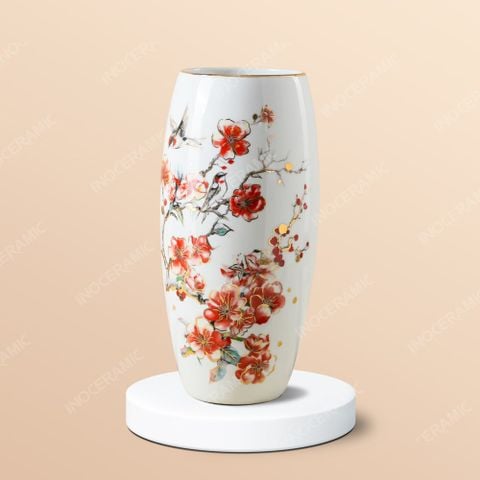 Lọ hoa bom Oanh Vũ Đào Hoa vẽ vàng H30 in logo