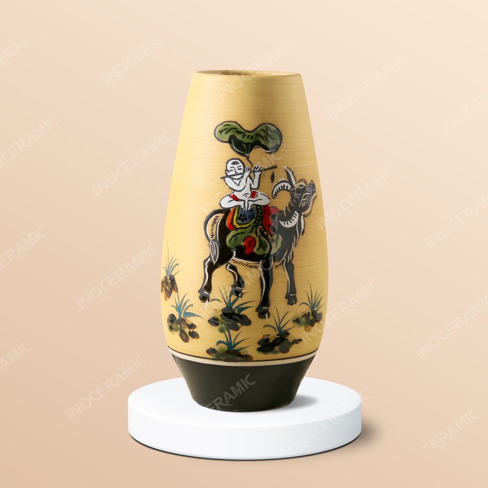 Lọ hoa gốm Bát Tràng - Vẽ tranh dân gian Đông Hồ - Mục đồng thổi sáo