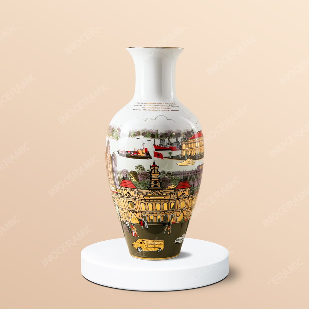 Lọ hoa Bát Tràng vẽ địa danh TP.HCM – Quà tặng in logo cao cấp