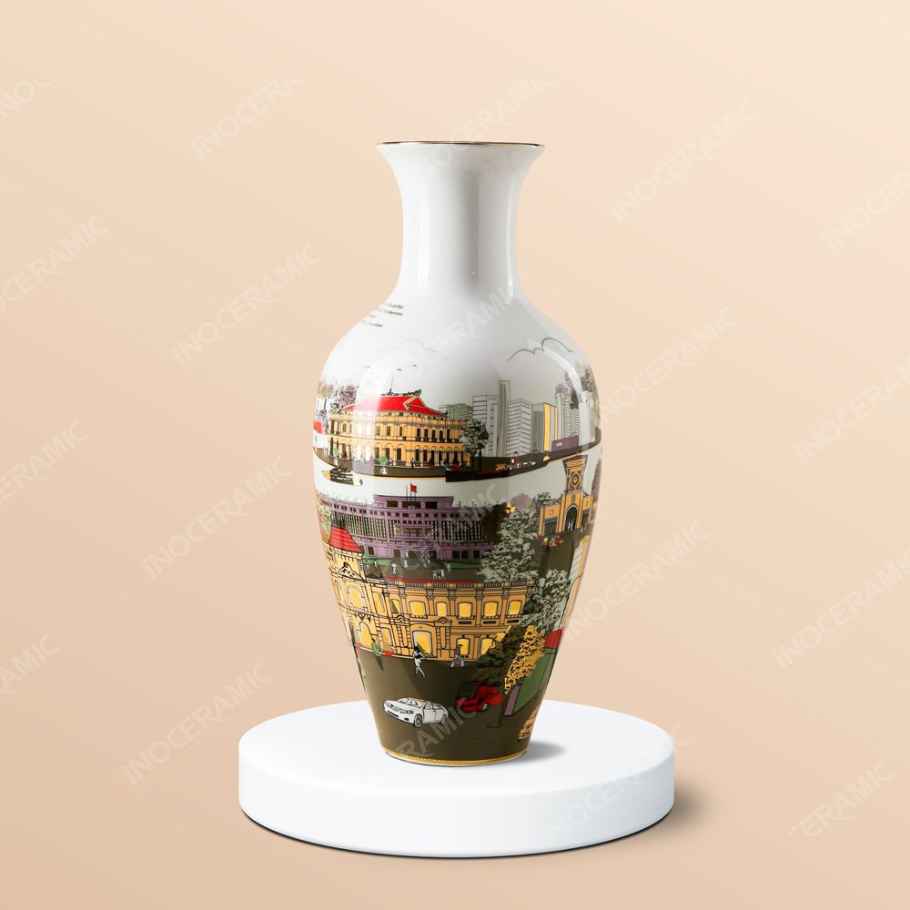 Lọ hoa Bát Tràng vẽ địa danh TP.HCM – Quà tặng in logo cao cấp