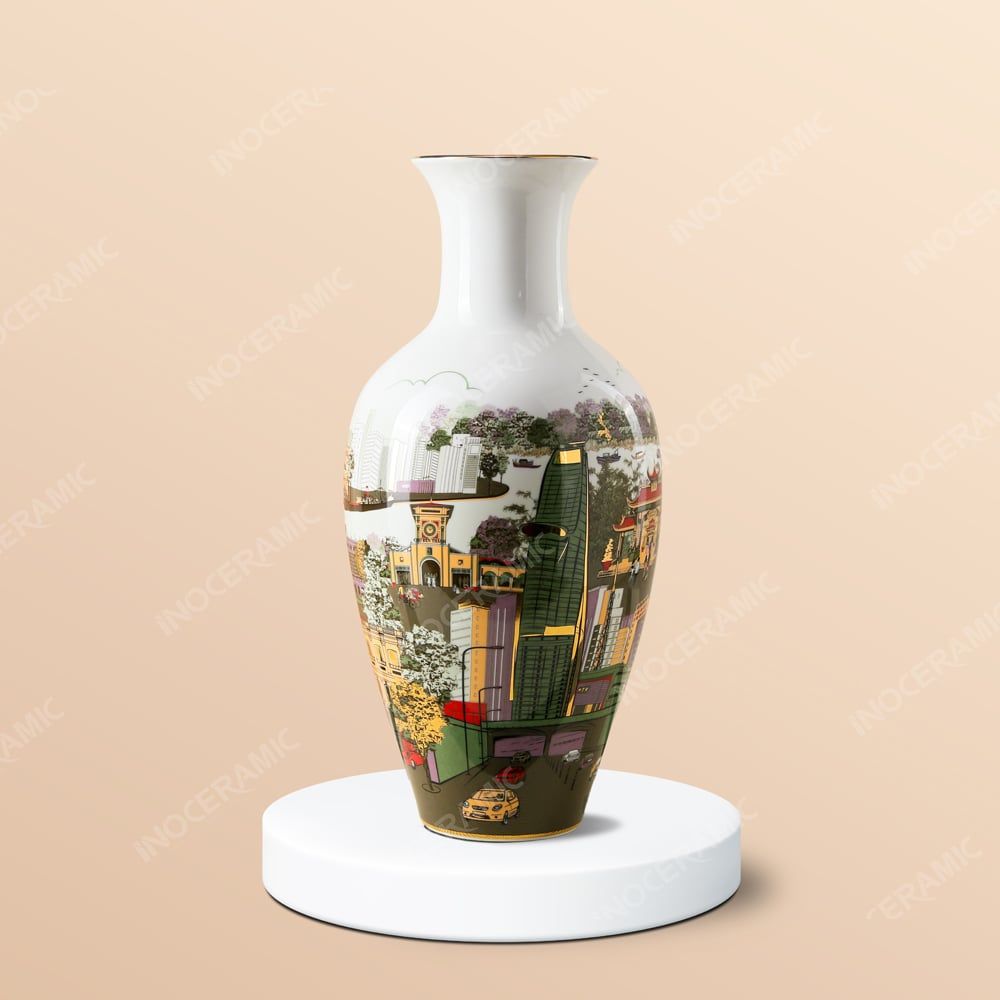 Lọ hoa Bát Tràng vẽ địa danh TP.HCM – Quà tặng in logo cao cấp