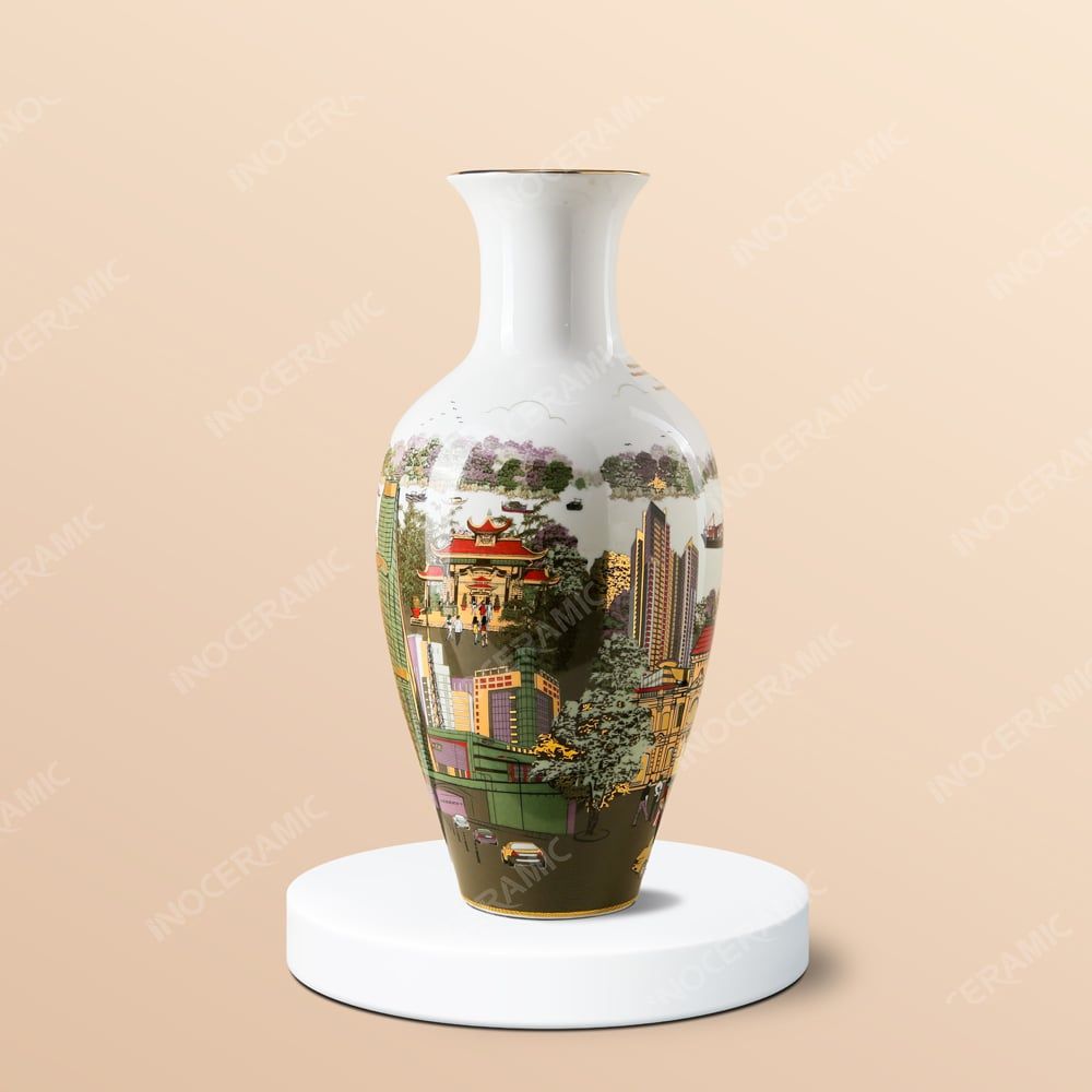 Lọ hoa Bát Tràng vẽ địa danh TP.HCM – Quà tặng in logo cao cấp