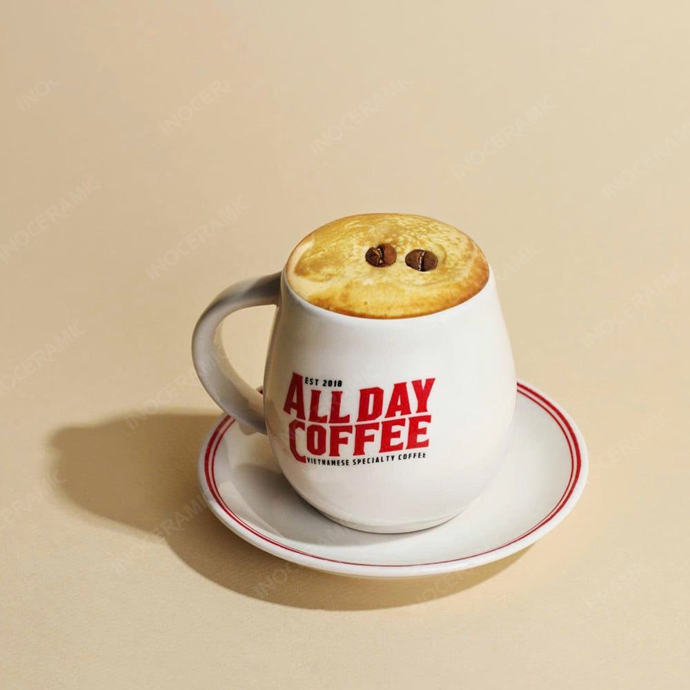 Cốc cà phê trứng quai tim hiện đại men màu in logo