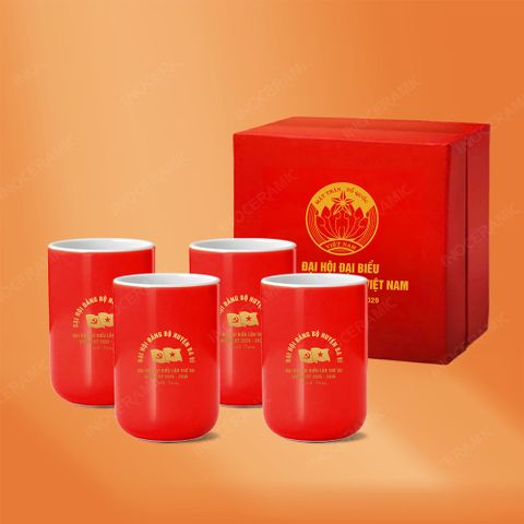 Bộ 04 ly trụ trơn đỏ Bát Tràng in logo quà tặng Đại hội