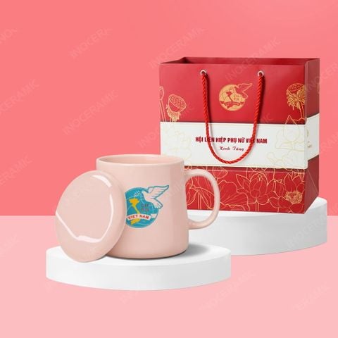 Quà tặng phụ nữ - Ly sứ hiện đại quai C có nắp full màu