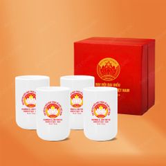 Bộ 04 ly trụ trơn trắng Bát Tràng in logo quà tặng Đại hội Mặt Trận Tổ Quốc