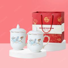 Quà tặng phụ nữ - Giftset 02 ly sứ nắp ngọn lửa sen xanh kẻ vàng