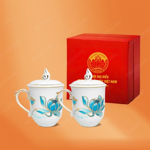 Bộ 02 ly lửa sen xanh kẻ chỉ vàng in logo quà tặng Đại hội Mặt Trận Tổ Quốc