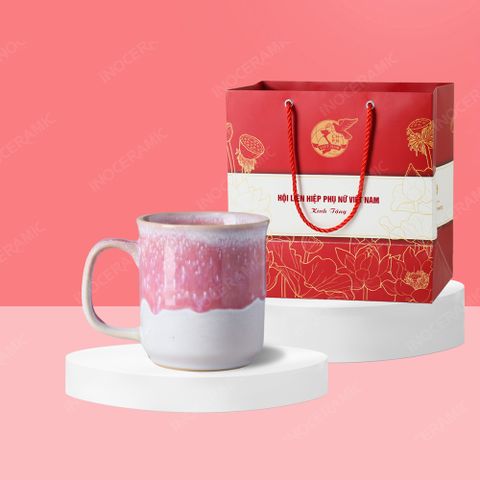 Quà tặng phụ nữ - Ly sứ Hồng Ngọc quai C men hỏa biến