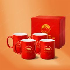 Bộ 04 ly trụ quai C men đỏ in logo quà tặng Đại hội
