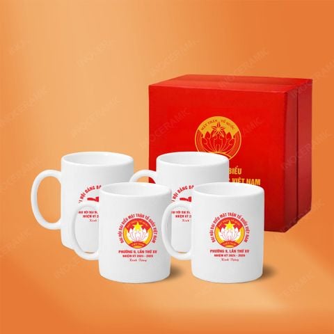 Bộ 04 ly trụ quai C men trắng in logo quà tặng Đại hội Mặt Trận Tổ Quốc