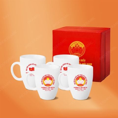 Bộ 04 ly bầu quai C trắng in logo quà tặng Đại hội Mặt Trận Tổ Quốc