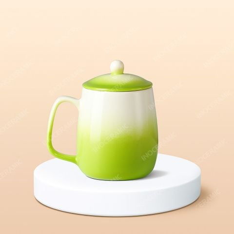 Ly sứ bầu quai vuông màu loang có nắp in logo