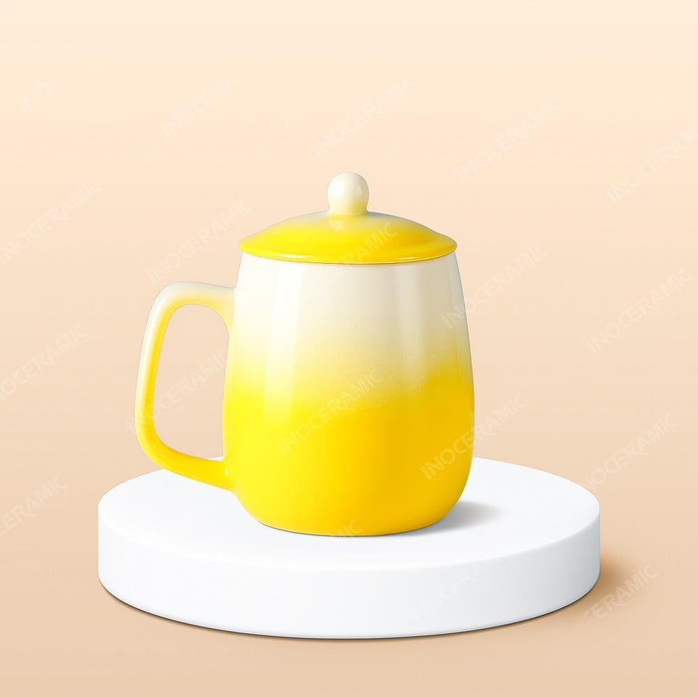 Ly sứ bầu quai vuông màu loang có nắp in logo