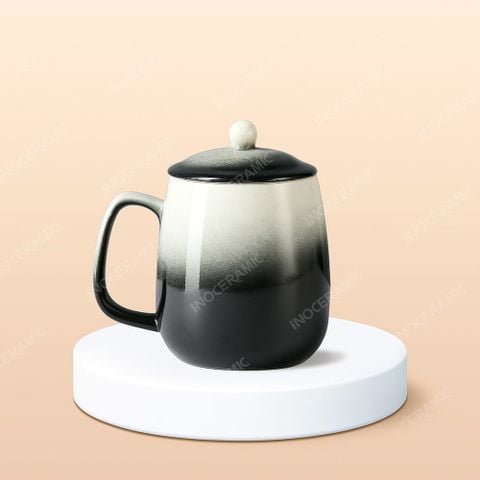 Ly sứ bầu quai vuông màu loang có nắp in logo