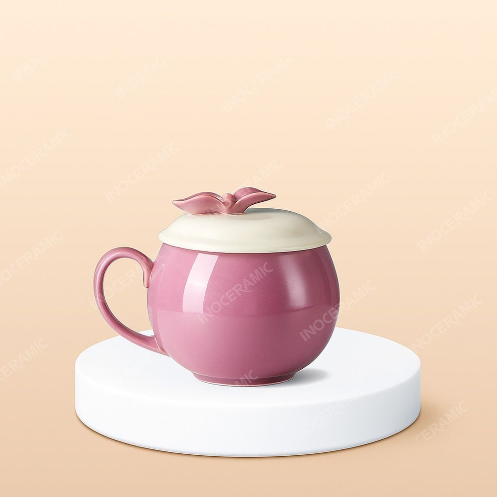 Ly sứ quả lựu quai tim nắp nơ in logo