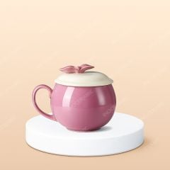 Ly sứ quả lựu quai tim nắp nơ in logo