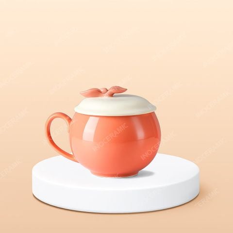 Ly sứ quả lựu quai tim nắp nơ in logo