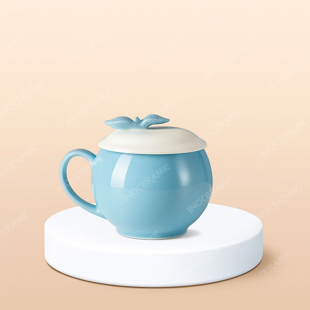 Ly sứ quả lựu quai tim nắp nơ in logo