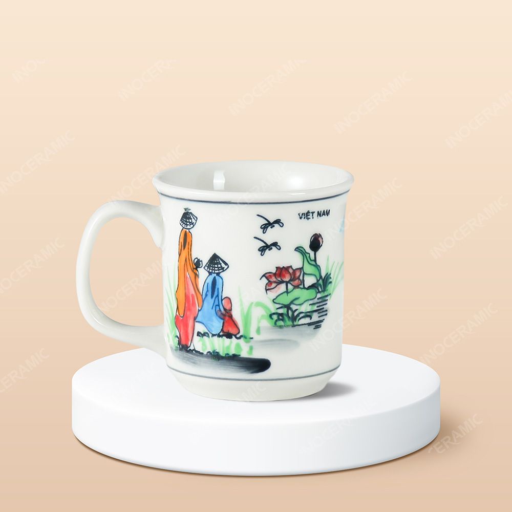 Ly sứ trụ miệng loe Du lịch Việt Nam vẽ tay in logo lưu niệm
